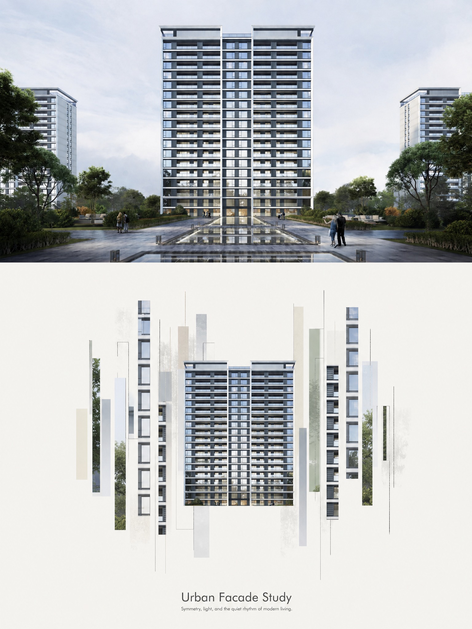 基于上传的现代高层住宅建筑正立面摄影图，创作一张竖版3:4艺术… - 图片创意预览