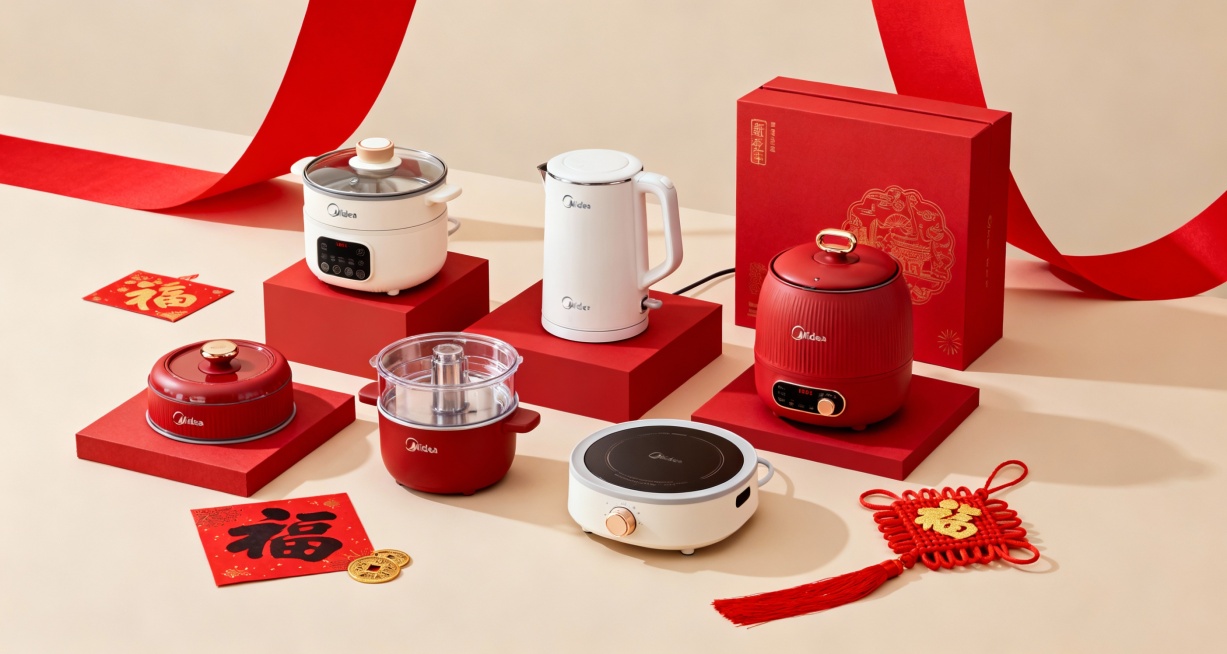 有各种美的小家电产品，产品多一些小一点，高级一点，红色新年元素，不需要加文字，尺寸为750x400px预览效果