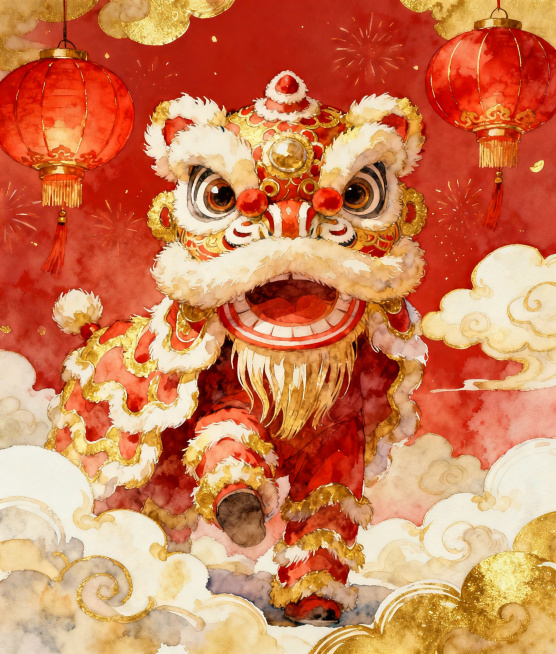 帮我生成34×40的比例的新年国风插画，舞狮元素预览效果