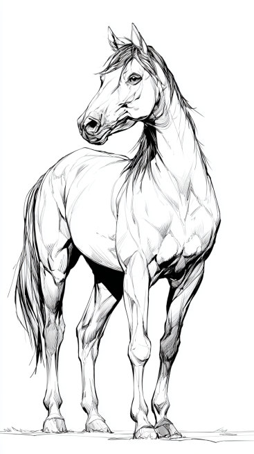 A well-built adult horse, with a clearly defined head, erect ears, bright and lively eyes, a long an预览效果