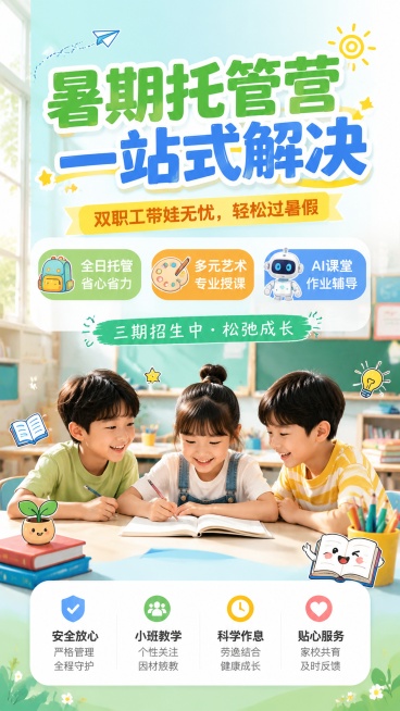 课程招生海报，9:16竖版，清新活力亲子教育风格。主标题"暑期托管营 一站式解决"，副标题"双职工带娃无忧，轻松过暑假"，卖点标签"全日托管 省心省力"、"多元艺术 专业授课"、"AI课堂 作业辅导"预览效果