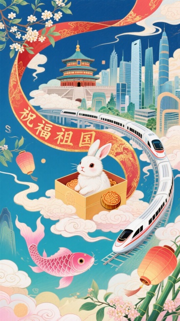 生成两张，创意： 一只的玉兔，坐在月饼礼盒中探出头观望，在空中遨游，畅游在由北京古典建筑与现代地标组成的奇幻城市中，体现古往今来的欢乐氛围。构图： 采用S形曲线构图，活泼灵动，有叙事性延展。场景： 画预览效果