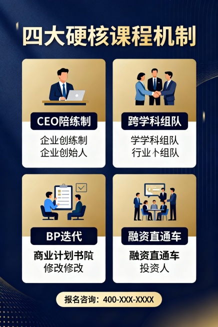 四大硬核课程机制
CEO陪练制：每节课解锁1家领军企业，创始人亲授从技术到商业的「破壁方法论」；
跨学科组队：开课后自发组队，精准匹配来自不同领域与专业的黄金人才阵容；
 BP迭代：持续进行商业预览效果