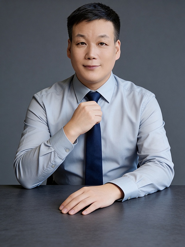 商务感十足的实景肖像，性冷淡风色调搭配简约主义构图，印刷风质感呈现专业与沉稳。