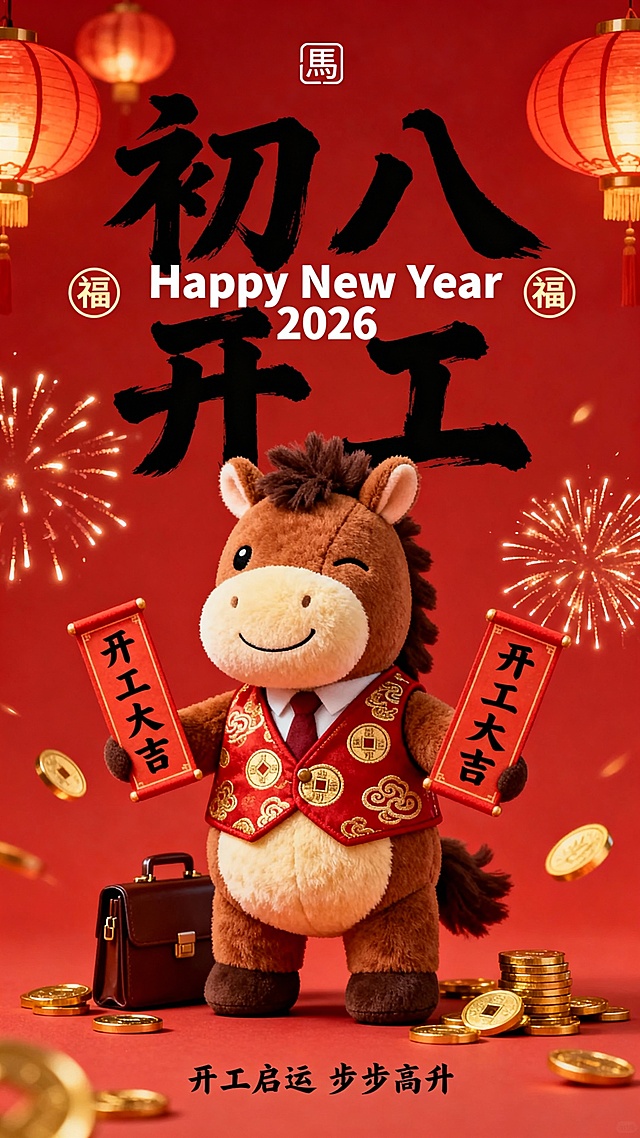 提示词：纯正面小马，Q 版棕褐配色的拟人毛绒小马公仔（腹部是浅米色毛绒，单眼眯起微笑，鬃毛为深棕短绒质感，圆鼓鼓的肚子），站立，身着红金配色西装马甲（马甲绣祥云铜钱纹），双手举着 “开工大吉” 牌，身旁放着公文包与散落金币。红色背景，搭配红 / 金配色灯笼与烟花光效；小马公仔位于画面中下部核心区域；画面上部排布大号黑色毛笔大字 “初八 开工”（笔触清晰），中间叠印白色体小字 “Happy New Year 2026”，背景文字两侧点缀圆形 “福” 字标识，画面顶部有小型 “馬” 字图形标识，底部有黑色很小的字 “开工启运 步步高升”（2026 为毛笔字体）