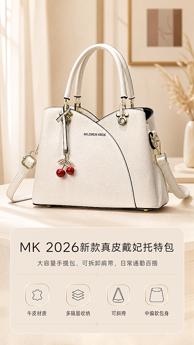 [商品] 使用【图1】米白色MILDREN KROE MK真皮戴妃托特包；商品处理：保留包型结构、樱桃挂饰、金色五金、双提手、可拆卸肩带、品牌Logo文字、牛皮材质和米白颜色；增强皮革纹理、缝线、五金高光质感，理顺肩带形态，不改变版型和结构。
[画面] 页面目标：首屏价值海报，建立轻奢品牌第一印象。构图骨架：上下分栏竖版排版，上方产品区占60%，下方文字区占40%。主体位置：包包放置画面上半区居中，包身完整正面展示，占画面约50%。景别：中景。阅读动线：从上方包包主体→下方主标题→副标题→卖点标签阵列。前中后景：前景包包主体、中景浅棕半透明信息卡片、后景轻奢简约居家背景。
[视觉] 套系策略：风格=轻奢简约商业品牌详情设计稿；标题字=纤细高级无衬线字体；正文字=简洁无衬线体；主色=米白+浅棕；背景延展=基于浅棕米白做深浅层级、同色渐变和细腻肌理质感；强调色=暖金色，仅用于小面积图标、引线、标签底纹和分隔线；标题色=深棕黑；正文色=中暖灰；组件=浅棕半透明圆角信息卡片、纤细分隔线、线性小图标；光影=柔和自然光，左前侧暖柔光，层次干净。
[文字] 主标题「MK 2026新款真皮戴妃托特包」，副标题「大容量手提包，可拆卸肩带，日常通勤百搭」，卖点标签阵列：牛皮材质、多隔层收纳、可斜挎、中偏软包身。文字位于下方浅棕半透明信息卡片内，横向排版，主标题最大，副标题次之，卖点标签以圆角小标签阵列排列，底部细分隔线装饰，不遮挡包包主体。
[规格] 图片比例9:16竖版，4K，避免变形、错字、文字过小、冷蓝/蓝灰背景、包包颜色改变、版型失真、Logo文字错乱、绝对化用语。