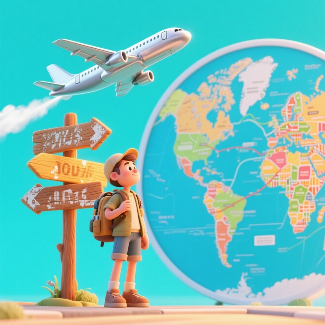 一个旅行者站在路牌旁，背景是一架飞机、一张世界地图。预览效果