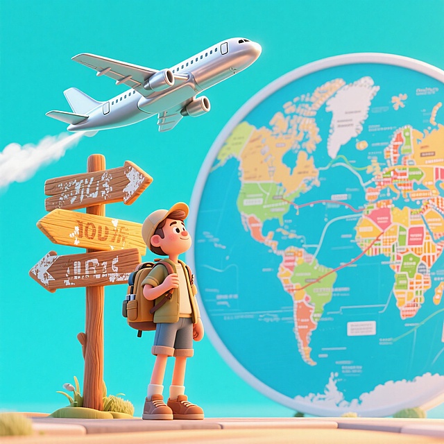 一个旅行者站在路牌旁，背景是一架飞机、一张世界地图。