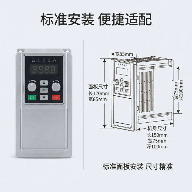 [主图4]安装尺寸说明，左半部分展示产品前面板外观，右半部分标注清晰安装尺寸参数：面板尺寸长170mm宽85mm，机身尺寸长150mm宽75mm深100mm，文字标注 "标准面板安装 尺寸精准"。主标预览效果