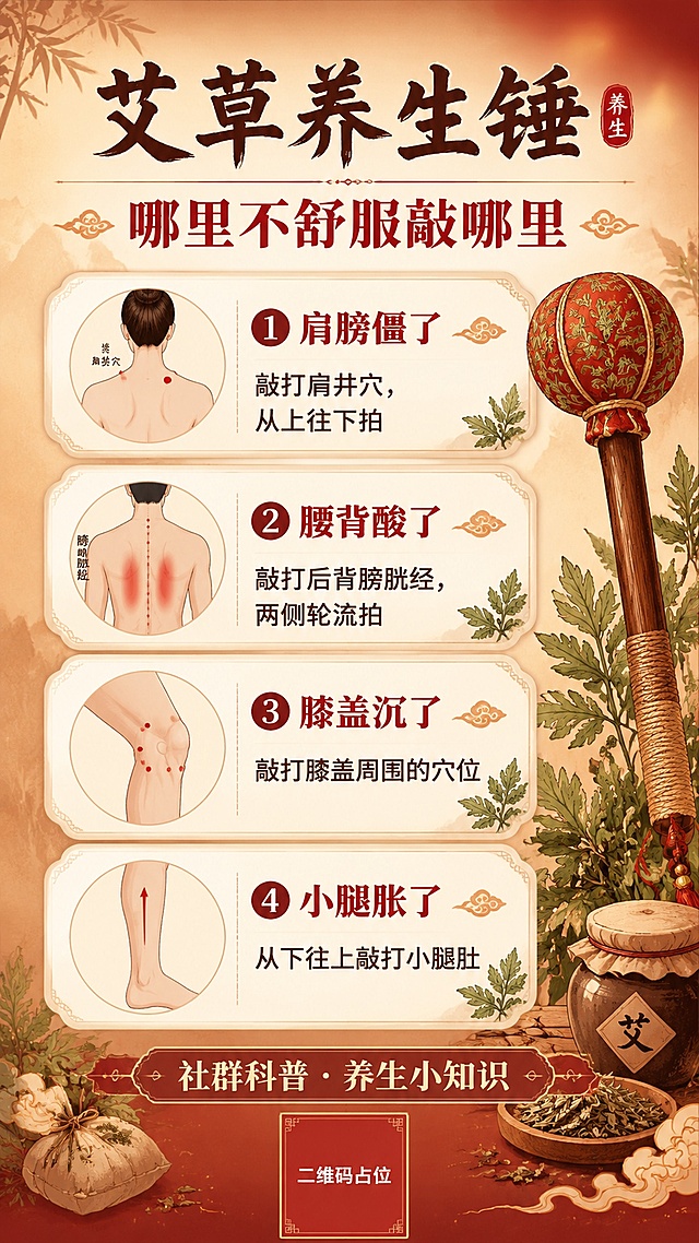一张竖版社群科普海报，主题为艾草养生锤的使用方法，中式养生风格，暖棕红色与米黄色渐变背景，柔和温暖的光线，整体氛围传统养生又亲切。画面顶部居中是大字号主标题"艾草养生锤"，下方是醒目副标题"哪里不舒服敲哪里"，字体有力量感。中间主体区域分为四个圆角信息卡片，从上到下整齐排列，每个卡片有浅米色背景和对应身体部位的小图标：第一个卡片标题"① 肩膀僵了"，内容"敲打肩井穴，从上往下拍"；第二个卡片标题"② 腰背酸了"，内容"敲打后背膀胱经，两侧轮流拍"；第三个卡片标题"③ 膝盖沉了"，内容"敲打膝盖周围的穴位"；第四个卡片标题"④ 小腿胀了"，内容"从下往上敲打小腿肚"。卡片旁点缀有艾草叶、养生锤的手绘插画元素，增加传统养生氛围。底部有装饰标签"社群科普 · 养生小知识"。整体版式精美，文字清晰易读，配色以暖棕色、米黄色、暗红色为主，层次分明，四周留有安全边距。画面中所有二维码区域使用纯色方块占位符呈现，方块中央标注"二维码占位"文字，严禁生成任何可识别的二维码图案。画面中所有信息区域必须填充完整合理的内容，不得出现空白框或待填写区域。