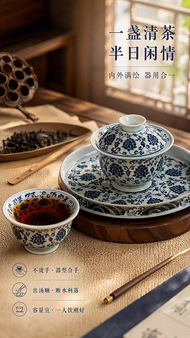 [第2张] 场景种草·茶桌泡茶使用瞬间。本张使用【图1】盖碗+【图2】压手杯作为主体，呈现真实茶席使用场景。
[氛围/风格] 生活美学茶席风，温暖自然光，居家茶室氛围，真实使用感，商业摄影质感。
[元素布局] 画面中央偏右为盖碗置于壶承上，左侧压手杯盛有茶汤，茶汤呈琥珀色；周围点缀茶则、茶针、麻布茶席、干莲蓬等茶席道具；背景虚化木质茶桌与窗影；产品器型、花纹、釉色与原图一致；画面层次：前景茶汤倒影 → 中景盖碗与茶杯 → 背景窗格光影。
[光影质感] 右侧窗边自然光，茶汤通透有光泽，盖碗边缘高光柔和，器物底部有自然投影，整体暖调温润。
[配色色系] 全局底色 #F5EFE2（米白暖调）；主色 #1A3A6B（青花蓝）；辅助色 #C4956A（茶汤琥珀色）、#8B5A2B（木色）。
[视角构图] 45°斜侧平视，盖碗与茶杯形成对角线构图，阅读动线右上标题 → 中部茶席 → 左下卖点。
[文字版式] 右上主标题「一盏清茶 半日闲情」，副标题「内外满绘 器用合一」；左下三个卖点图标+短句：「不烫手·器型合手」「出汤顺·断水利落」「容量宜·一人饮刚好」；标题书法宋体，卖点简洁宋体，字色青花蓝；文字不遮挡器物主体。
[比例分辨率] 9:16 竖版比例，4K 分辨率，文字清晰可辨，高清画质。
[负向提示词] 器物变形，花纹错乱，茶汤颜色不真实，水印，文字过小，背景杂乱，器型比例失真。