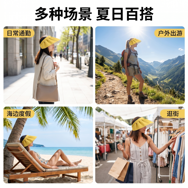 [主图 4] 防晒空顶帽多场景使用展示图
[氛围风格] 生活化自然场景，真实代入
[画质] 商业摄影质感，光线自然，产品清晰
[元素] 四宫格展示防晒帽不同使用场景：日常通勤、户外出游、海边度假、逛街预览效果
