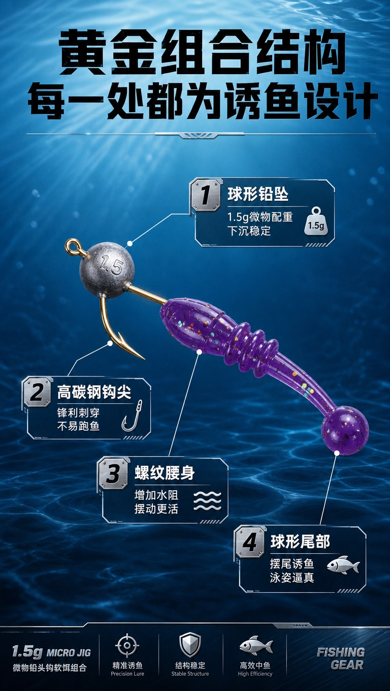 电商详情页结构解析图，展示微物铅头钩软饵组合。画面中央是组装好… - 图片创意预览