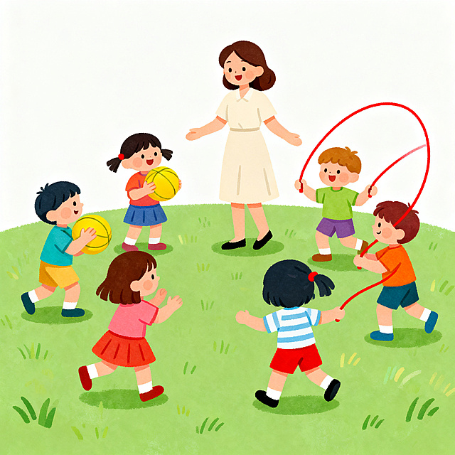 幼儿园主题卡通插画，可爱扁平风格，纯色背景，圆润的线条，简洁的造型，明亮的色彩，可爱的卡通形象，老师带着小朋友们在户外做游戏，有的孩子在拍皮球，有的在玩跳绳