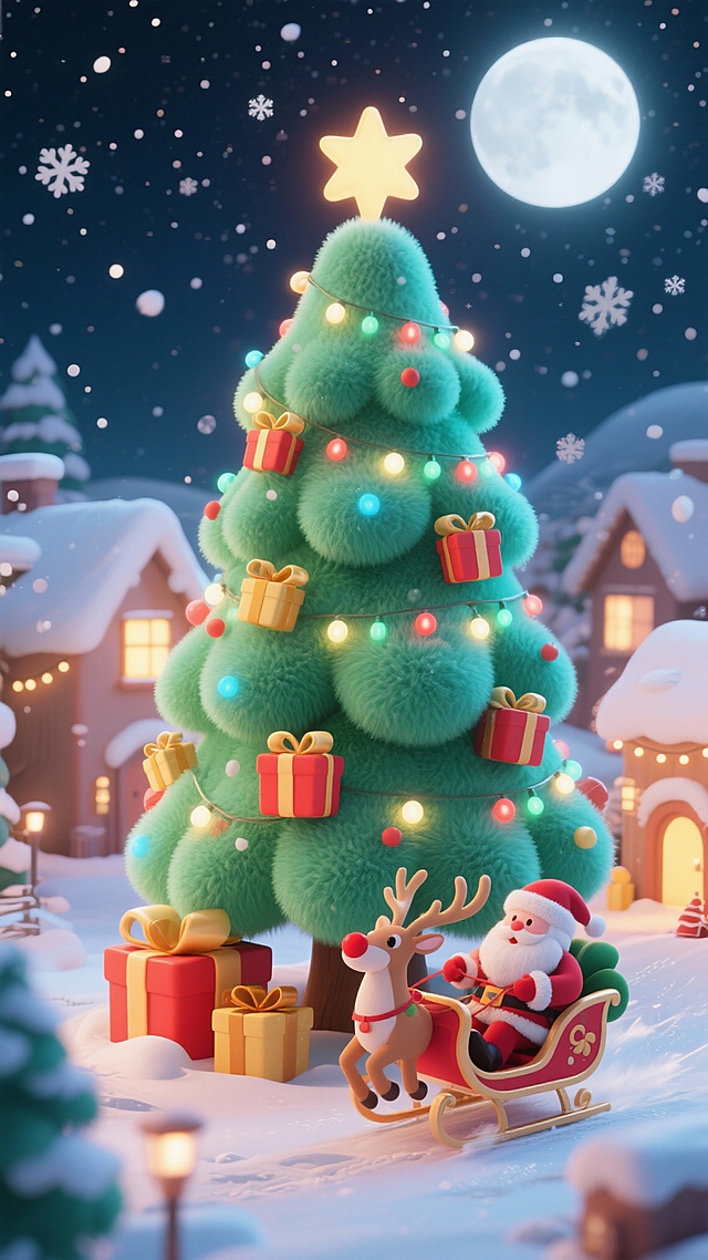 软3D风圣诞夜景，毛发生长质感的梦幻雪松与卡通感十足的圣诞老人驾鹿车，搭配温馨灯光与满月，营造出喜庆而梦幻的节日氛围。