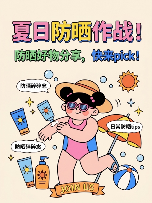 生成和参考图片风格相似的防晒主题插画，可爱卡通粗线描风格，鲜艳明快配色，保留大字标题搭配卡通人物的排版，关于防晒内容的小红书封面，和参考图类似的漫画感预览效果