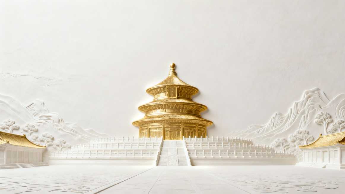 主体：中国印压凹凸立体画，印压线描画，印压立体效果明显。 色调： 乳白色背景，金色点缀中间主体建筑，建筑外发白光。 构图：居中构图，宽角度对称，空间纵深感，立体感。 风格：极简主义，大面积留白，高品质预览效果