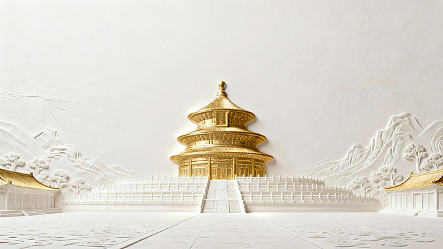 中国印压凹凸立体画 金色建筑