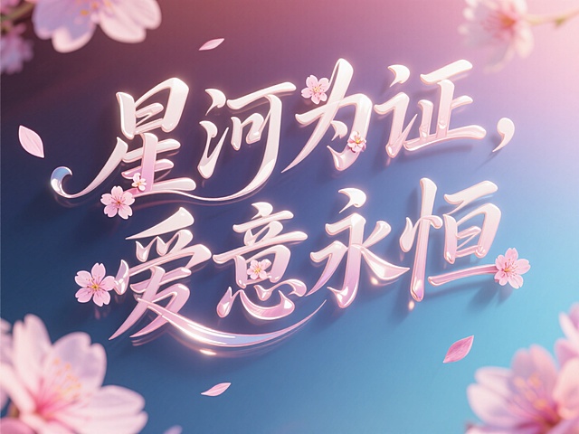 文字“星河为证，爱意永恒"，线条流畅，手写，樱花花瓣艺术字。创意字体设计点缀花朵元素。渐变背景，浪漫七夕氛围。