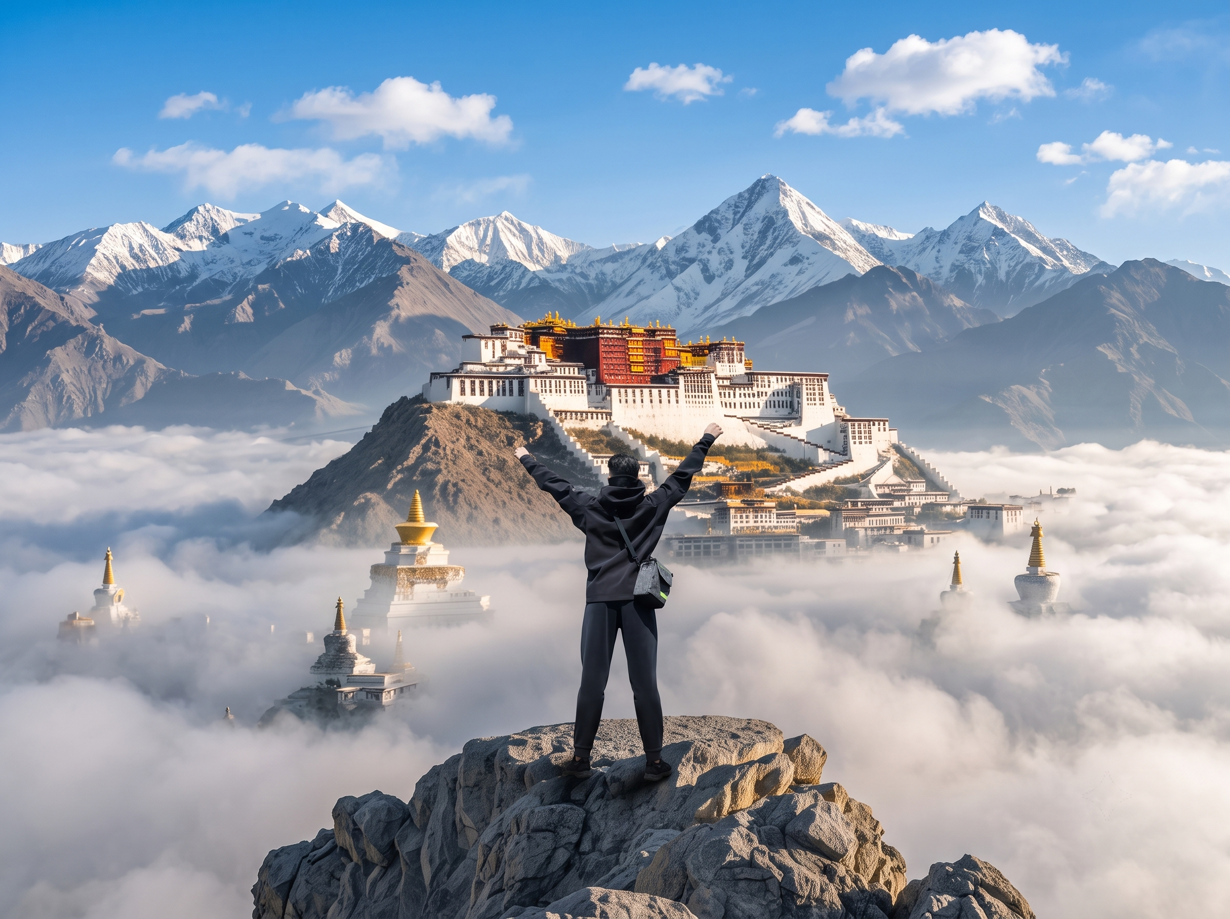 参考第一张图的布达拉宫雪山云海写实摄影风格，将画面中的红衣和尚… - 图片创意预览