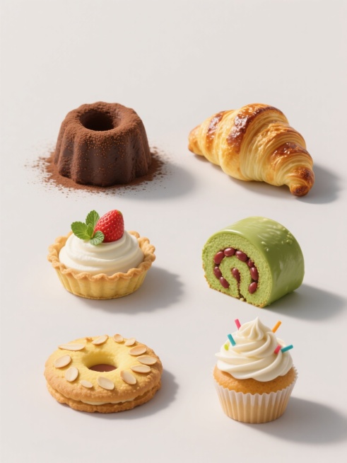 六个不同烘焙元素组成的系列素材集合，规整排布在纯色背景上，保持超写实风格，每个元素都具有高度的细节和质感，包括：1. 表面撒满可可粉的巧克力熔岩蛋糕，顶部有一个完美的圆形凹陷；2. 层次分明的牛角面包，表面呈金黄色，带有焦糖色的烤痕；3. 点缀着新鲜草莓和薄荷叶的奶油挞，挞皮酥脆，奶油细腻；4. 表面光滑的抹茶红豆卷，切面可见绿色的蛋糕体和红色的红豆馅；5. 撒满杏仁片的黄油曲奇，边缘呈金黄色……预览效果