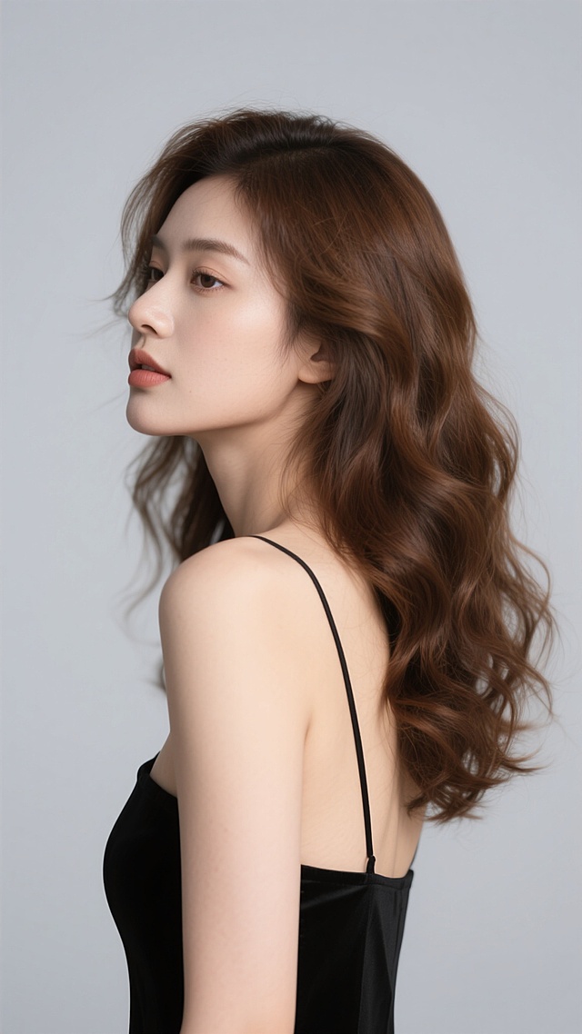 女性侧脸特写，柔和侧光，浅灰色背景，光滑细腻的肌肤质地，黑色抹胸礼服，保持头发主题，变换为棕色波浪卷发，发丝蓬松有层次，发尾微卷，光泽感强，整体画面简约干净，突出发型与发质的精致感。