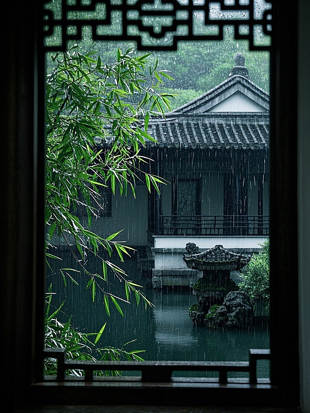 中式园林，下雨