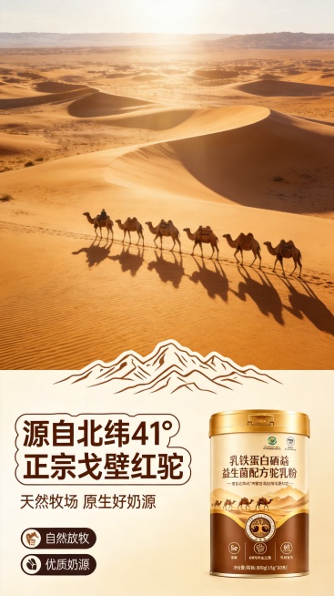 [第2屏] 内蒙古乌拉特戈壁红驼产地核心展示。
[氛围/风格] 自然原生态风格，开阔沙漠场景，真实摄影质感，阳光氛围感。
[元素布局] 上半部分为沙漠驼队实景图，展示广袤戈壁风光，下半部分放置【图2】预览效果