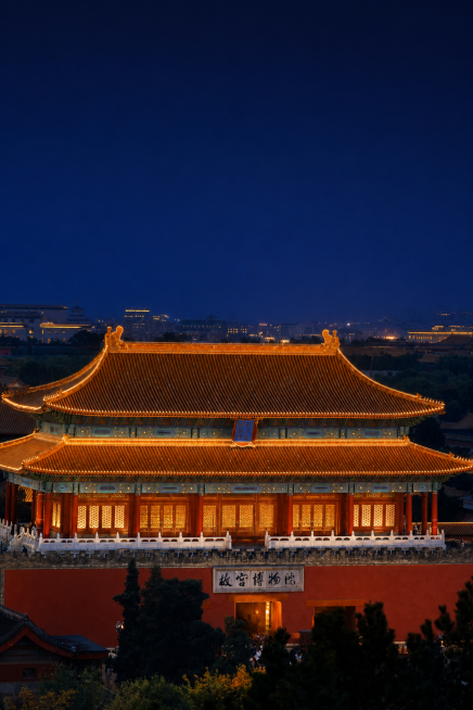 将这张故宫图片改为夜景，添加灯光效果，保留原建筑结构和文字预览效果