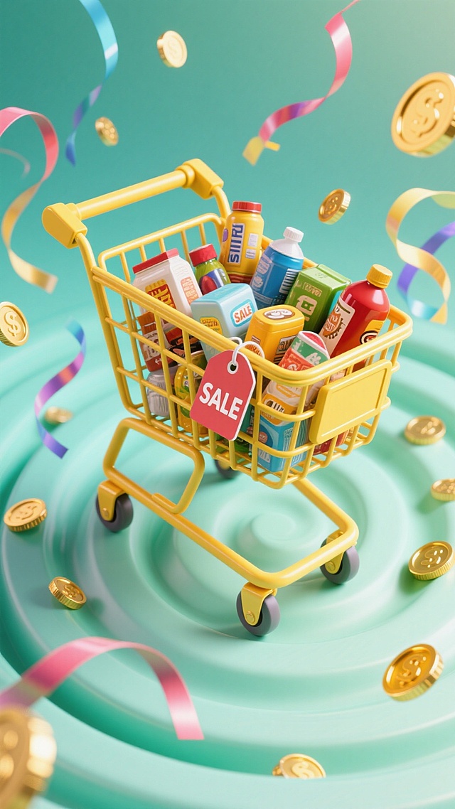 画面中有装满商品、带 “SALE” 标签的黄色购物车，周围点缀少量彩带、金币等元素，背景是浅绿渐变的漩涡，俯视