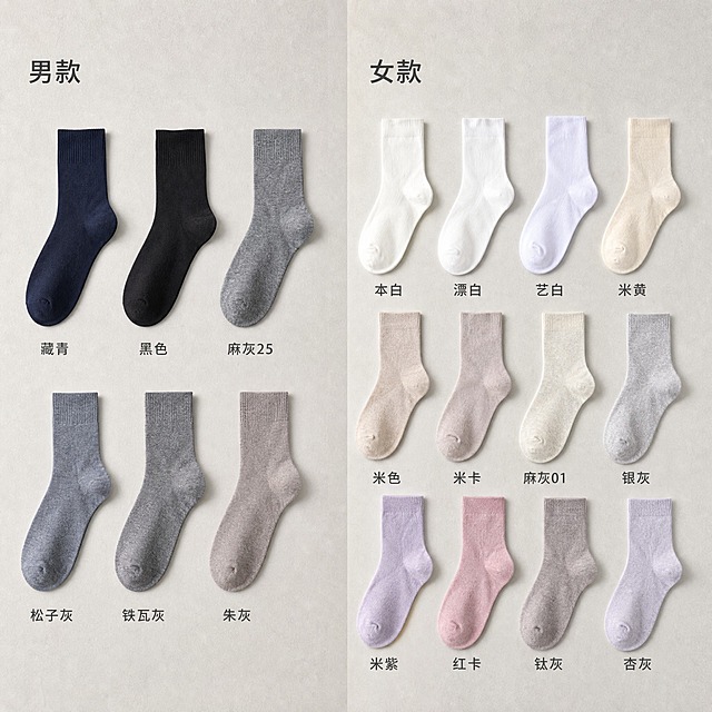 [主图-1] 主题：男女款多色中筒棉袜颜色分类展示，男款女款分区陈列，颜色相近排列。
[统一基调] 高级感 松弛感 柔和时尚摄影光 生活化 浅灰色肌理背景 整体色调柔和统一。
[画面] 画面分为左右两个区域，左侧为男款袜子区域，右侧为女款袜子区域，中间用柔和的视觉分割线或留白自然区分。男款区域按颜色从深到浅排列：藏青、黑色、麻灰25、松子灰、铁瓦灰、朱灰，每只袜子呈自然中筒形态平铺或轻微立体支撑，袜口朝上，袜尖朝下，整齐排列成两行，颜色由深至浅渐变过渡。女款区域按颜色从浅到深或相近色排列：本白、漂白、艺白、米黄、米色、米卡、麻灰01、银灰、米紫、红卡、钛灰、杏灰，同样呈自然中筒形态整齐排列，颜色相近的放在一起，形成柔和的色彩过渡。每只袜子下方标注对应颜色名称，字体为简洁无衬线中文字体，字号适中。产品占画面约70%，背景为浅灰色细腻肌理背景，干净不杂乱。
[光影质感] 柔和顶光加侧光，袜子有自然的立体感和织物纹理质感，袜口罗纹清晰可见，底部有轻微接触阴影，不悬浮，商业摄影级质感。
[配色] 背景浅灰色，文字深灰色，整体色调柔和高级，突出袜子本身的色彩。
[文字版式] 每只袜子下方标注颜色名称，如"藏青""黑色""本白""米紫"等，字体为简洁无衬线体，字号统一，颜色深灰，居中对齐在每只袜子正下方。男款区域左上角小字标注"男款"，女款区域左上角小字标注"女款"，字体稍大一点，颜色稍深。
[输出要求] 比例1:1，袜子形态完整不变形，颜色准确，文字清晰可读，画面干净高级，无水印无平台logo，无多余杂物。