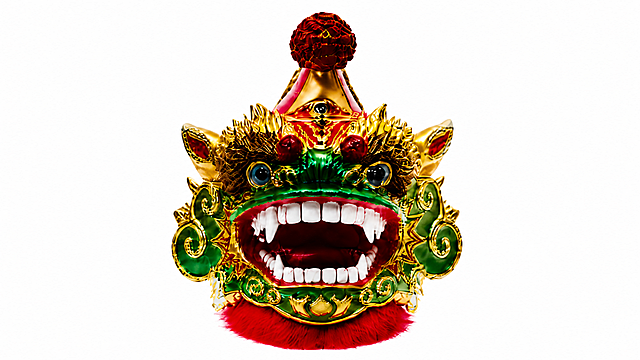 将图中的海丰独角麒麟狮头单独提取出来，优化整体细节，提升画质和质感，保留所有原有色彩和造型细节，背景为纯白色，高清精致，适合品牌宣传使用