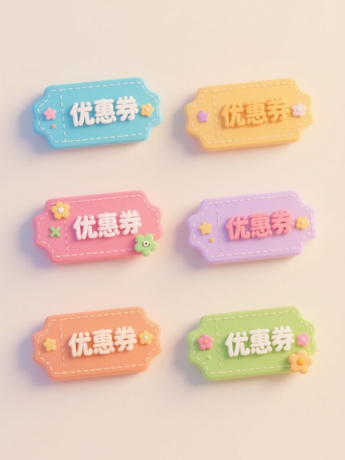 6个不同配色、不同样式的立体卡通优惠券元素造型，采用上下两行对齐排列，整体呈现出Q弹圆润的3D立体效果，每个优惠券都有独特的轮廓形状和可爱的装饰图案，包括星星、花朵等小元素点缀，浅色背景衬托，所有优惠券均具有光滑的表面质感和柔和的光影效果，边缘有精致的缝线细节，文字部分采用立体凸起的卡通字体设计，整体风格活泼可爱、色彩明快。预览效果
