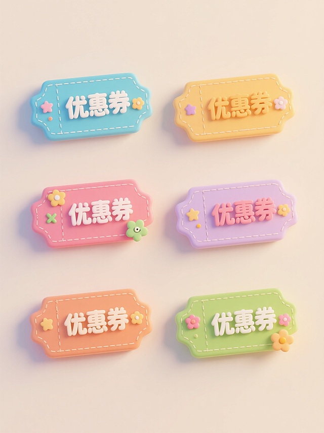 6个不同配色、不同样式的立体卡通优惠券元素造型，采用上下两行对齐排列，整体呈现出Q弹圆润的3D立体效果，每个优惠券都有独特的轮廓形状和可爱的装饰图案，包括星星、花朵等小元素点缀，浅色背景衬托，所有优惠券均具有光滑的表面质感和柔和的光影效果，边缘有精致的缝线细节，文字部分采用立体凸起的卡通字体设计，整体风格活泼可爱、色彩明快。