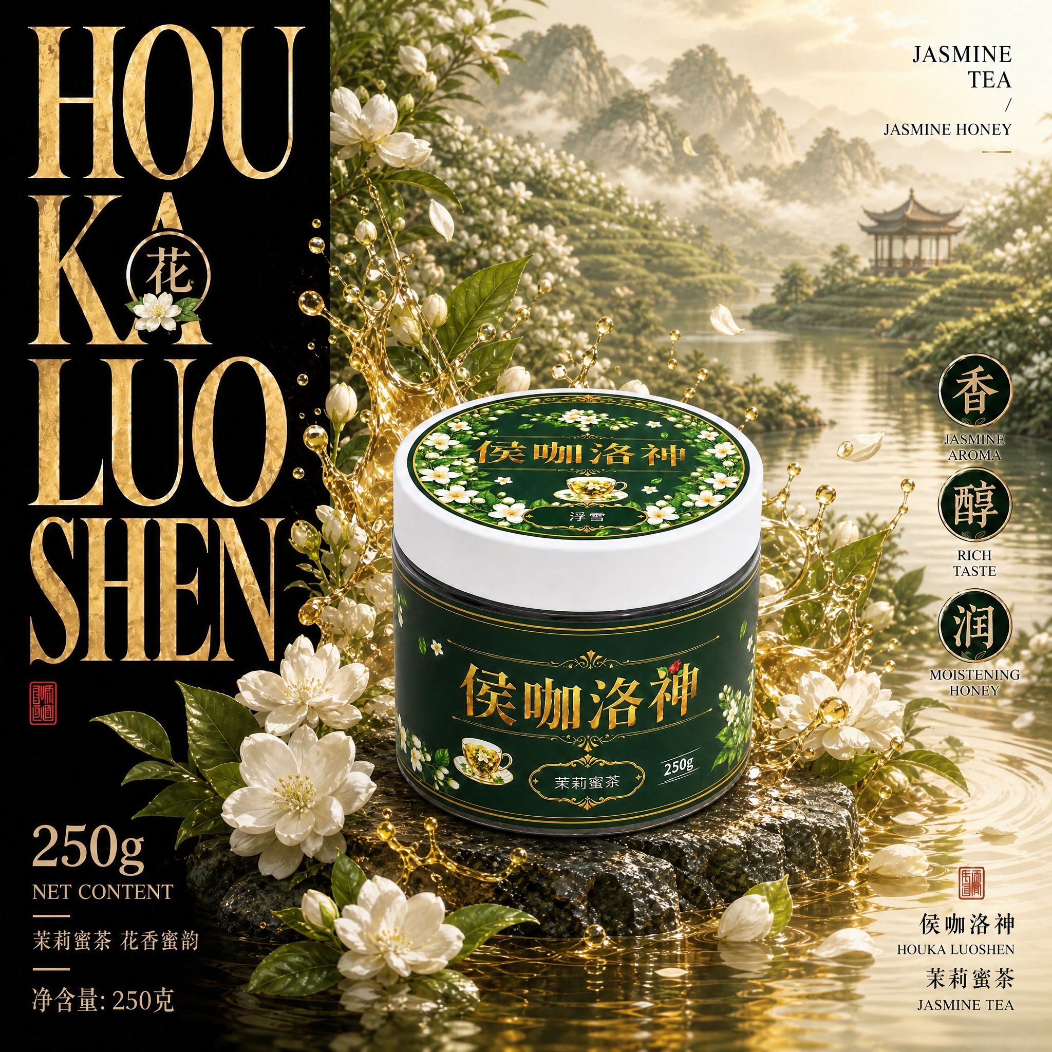 参考提供的黑金高端国风水果茶海报风格，生成茉莉蜜茶（浮雪）口味… - 图片创意预览