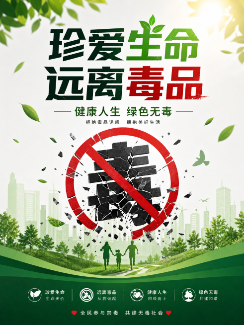 公益宣传海报，主题为禁毒教育，呼吁健康人生，绿色无毒，画面设计庄重简洁，传递远离毒品的正面公益理念，3:4比例预览效果
