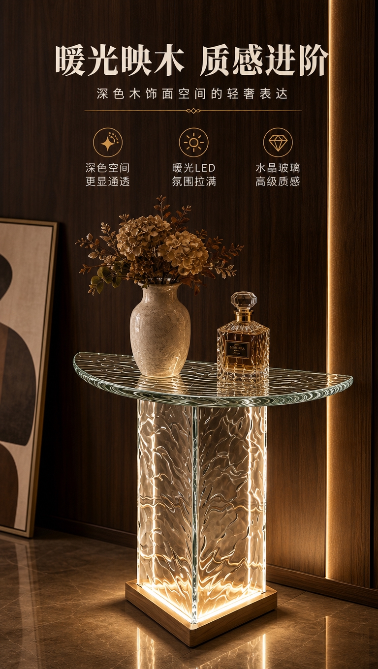 [商品] 使用【图1】水波纹玻璃半圆玄关桌，实木底座带向上发光… - 图片创意预览