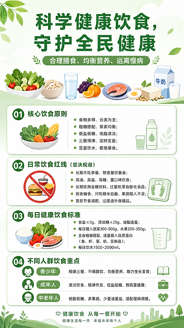 设计一张竖版健康饮食宣传海报，整体风格简洁明亮，绿色健康主题。顶部主标题为"科学健康饮食，守护全民健康"，副标题为"合理膳食、均衡营养、远离慢病"。海报主体分为四个清晰板块：第一个板块标题为核心饮食原则，内容：食物多样、谷类为主；粗细搭配、荤素均衡；低盐低糖、低脂清淡；三餐规律、定时定量；足量饮水、拒绝暴食。第二个板块标题为日常饮食红线（坚决规避），内容：长期不吃早餐、熬夜暴饮暴食 ；高油、高盐、高糖、重口味饮食 ； 长期饮用含糖饮料、过量吃零食膨化食品 ；挑食偏食、只吃精米白面、果蔬摄入不足 ；盲目节食减肥、过度进补保健品。第三个板块标题为每日健康饮食标准，内容：食盐≤5g、添加糖≤25g、油脂适量；每日摄入蔬菜300-500g、水果200-350g；主食粗细搭配，适量摄入优质蛋白（鱼、虾、蛋、奶、豆制品）；每日饮水1500-2000ml。第四个板块标题为不同人群饮食重点，内容：青少年：规律三餐、不喝甜饮、均衡营养、助力生长发育；成年人：清淡饮食、规律作息、控盐控糖、预防亚健康；中老年人：低脂低糖、多果蔬、少重油重盐、适配慢病调理。排版清晰干净，所有文字完整保留，使用浅绿色和白色搭配，适合公益宣传。