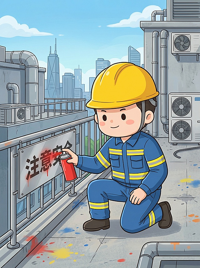 请帮我出一张关于物业安全员在天台标识牌喷漆的工作场景图，海报风格以动漫形式（使用提供的ip形象）海报尺寸A3。