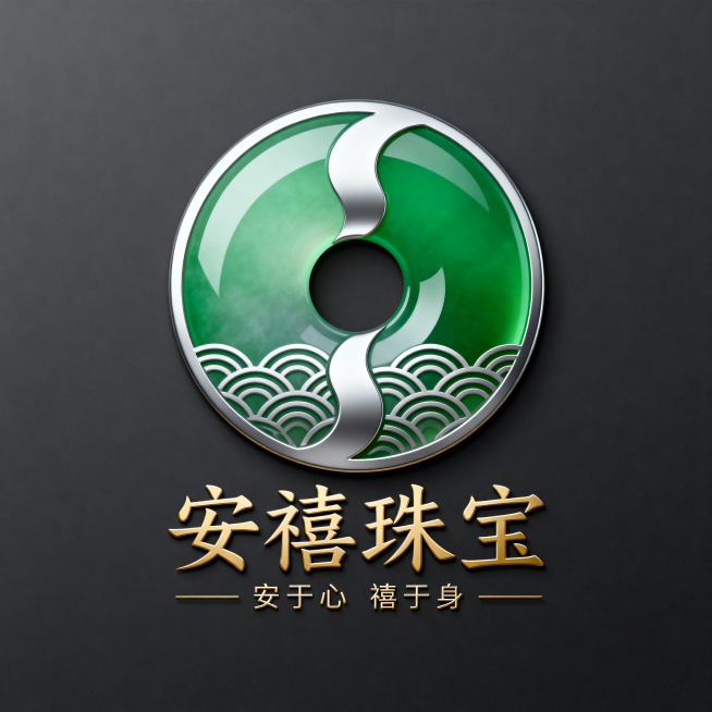 现代简约玉镶造型珠宝品牌LOGO，核心为平安扣形状，采用正阳绿渐变+银的配色，内部融入中式波浪水纹与玉扣轮廓结合的抽象纹样，银纹做流线型。下方搭配新中式书法体的"安禧珠宝"字样，简约大气无衬线修饰，字预览效果