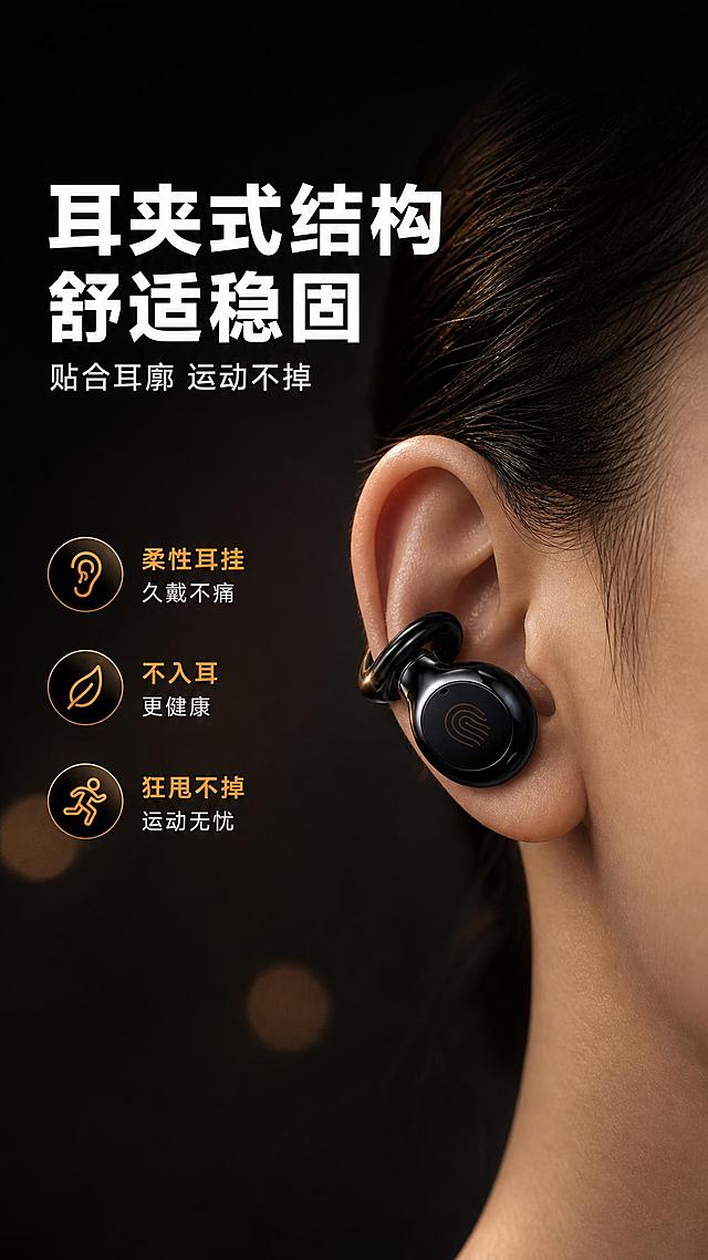 [商品] 使用【图1】LKP黑色耳夹式蓝牙耳机；保留耳夹式结构、柔性耳挂弧度、水滴形主体、黑色亮面质感、触控区域指纹图案；重点展示耳挂与耳廓的贴合方式，佩戴方向正确，耳挂勾在耳廓外侧。
[画面] 第2张·佩戴体验页，目标是展示耳夹式佩戴的稳固与舒适。人物使用型版式：画面中右侧展示一只真人耳朵侧面特写（仅耳部+少量侧脸，不出现完整人脸），耳机正确佩戴在耳廓上，耳挂自然勾住耳廓外缘；左侧留白放文案区。背景为深色渐变+柔和光斑。产品佩戴角度自然，符合真实使用状态。前景为耳部+耳机特写，中景虚化深色背景，远景渐变过渡。
[视觉] 套系策略：风格=深色科技感商业数码摄影；标题字=粗黑无衬线黑体；正文字=简洁无衬线中黑体；主色=深邃炭黑；背景延展=基于炭黑做径向渐变、同色深浅层级与细腻磨砂颗粒质感；强调色=金属橙金色，仅用于小面积图标、引线、标签和局部光效；标题色=纯白；正文色=浅银灰；组件=圆角深色信息卡、细线引线、金色圆点标签；光影=左前侧主光+右侧金色轮廓光，产品立体感强。
[文字] 左上主标题"耳夹式结构 舒适稳固"，副标题"贴合耳廓 运动不掉"；下方3个卖点："柔性耳挂 久戴不痛"、"不入耳 更健康"、"狂甩不掉 运动无忧"，每条配金色小圆点图标；文字全部横排左对齐，字号适中手机端可读，不遮挡耳部佩戴展示。
[规格] 图片比例9:16竖版，4K，负向提示：避免变形、错字、文字过小、完整人脸出现、白底、冷蓝色调、佩戴方式错误、耳挂穿入耳内、产品结构改变、夸大宣传、极限词。