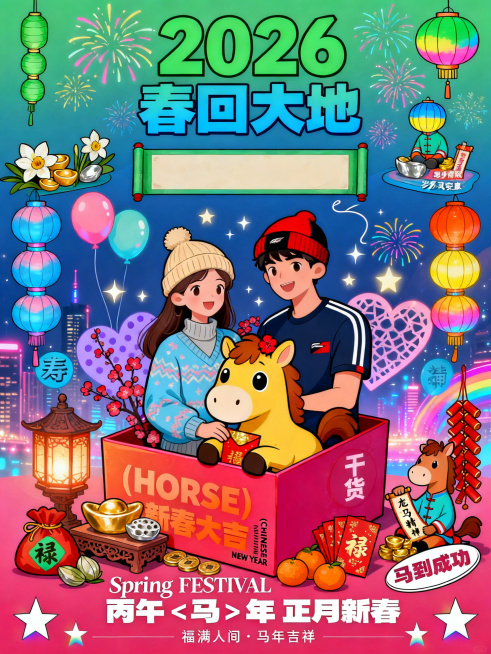 一幅主题为 2026 年马年新春的手绘风格祝福海报（手抄报），整体色彩鲜活、充满童趣与传统年味：核心主题与年份标识画面最上方以大号草绿字体标注「2026」，下方搭配加粗的「春回大地」，直接点明时间背景预览效果