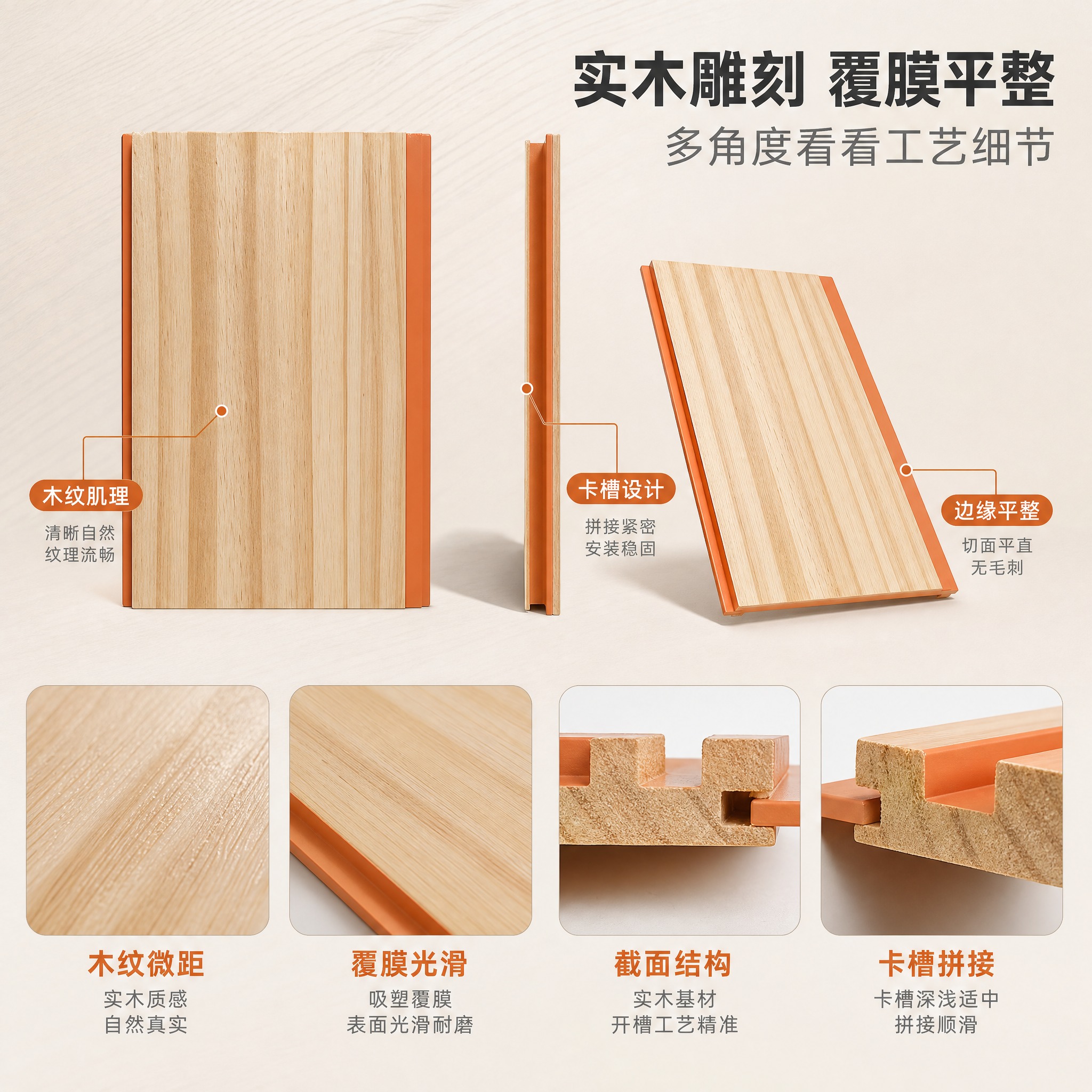 [主图-3] 材质细节及多角度展示图，放大实木肌理、覆膜表面与… - 图片创意预览