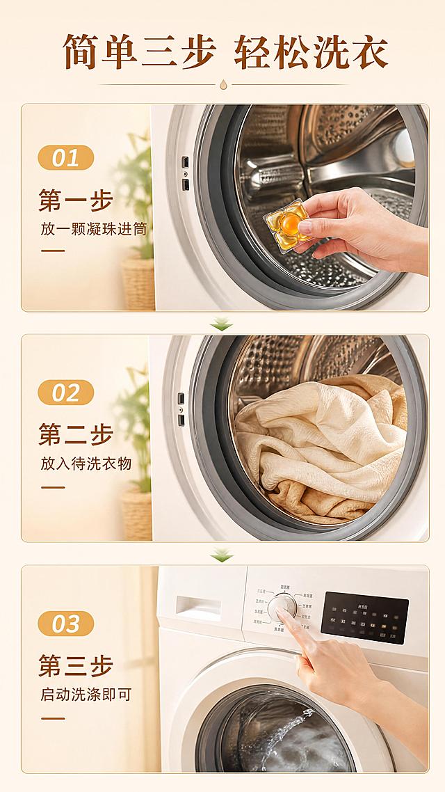 [第4屏] 详情页功能演示屏，洗衣凝珠机洗使用三步流程。本屏使用【图1】提取产品凝珠作为演示元素。
[氛围/风格] 生活化演示风，干净明亮暖调场景。
[元素布局] 采用三步流程从上到下排列，第一步将一颗洗衣凝珠放入洗衣机筒内，第二步放入待洗衣物，第三步启动洗衣机正常洗涤，保持洗衣凝珠外观颜色与原图一致，每一步配对应场景小图。
[光影质感] 整体明亮自然，每一步场景光照均匀，产品清晰可辨。
[配色色系] 全局底色 #F8F0E3，主色暖棕暖金，辅助色浅绿流程箭头。
[视角构图] 纵向三格版式，阅读动线从上到下，清晰流畅。
[文字版式] 顶标题「简单三步 轻松洗衣」，每一步配短标题：「第一步 放一颗凝珠进筒」「第二步 放入待洗衣物」「第三步 启动洗涤即可」，文字排版清晰，不遮挡关键演示内容。
[比例分辨率] 9:16 竖版比例，4K分辨率，高清画质。
[负向提示词] 凝珠变形，颜色偏差，文字错乱，场景杂乱