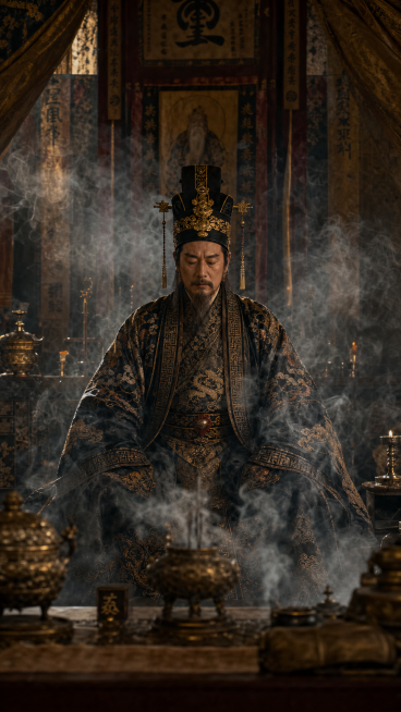 明朝西苑 嘉靖皇帝沉迷修仙 坐在道帐之中 头戴道冠 烟雾缭绕 皇权威严 神秘压抑氛围，古风写实预览效果