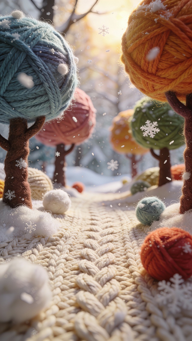 全景视角，奇幻的冬日森林场景，树木呈现为巨大的彩色毛线球和毛毡雕塑形态，地面是带有缆绳针织图案的无缝针织景观，棉球如同雪花般轻盈散落，清晰展现羊毛纤维的微距细节，整体画面带有柔焦效果，温暖的阳光透过模糊的树枝洒下，营造浓厚的童话氛围，采用定格动画风格，Octane渲染技术，丰富的纹理表现，32K高清画质，超清晰