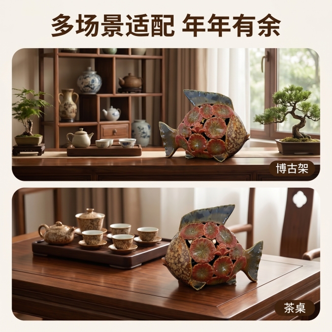[主图 5] 红釉镂空鲤鱼陶瓷摆件多场景搭配展示
[氛围风格] 新中式风，雅致生活感
[画质] 商业摄影质感，光线柔和通透，产品清晰真实，画面干净高级
[元素] 画中画拼图展示两个搭配场景：上半部分展预览效果