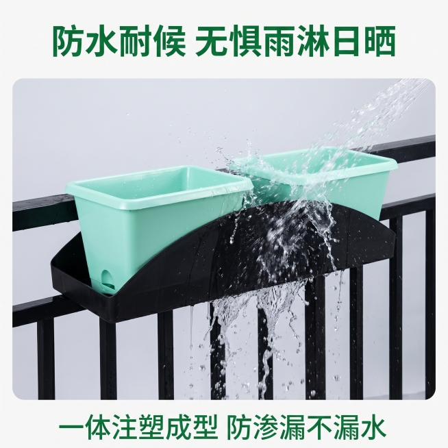 [主图 7] 防水耐候性能测试展示
[氛围风格] 硬核性能展示，专业可信
[画质] 商业摄影质感、光线柔和通透、产品清晰真实、画面干净高级
[元素] 高架桥花箱安装完成淋雨测试场景，人工喷淋状态下展示预览效果