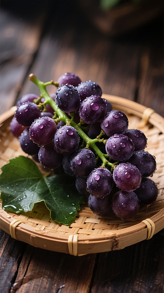 写实风格摄影，特写镜头，一串饱满紫黑色的葡萄，表面覆盖着晶莹剔透的水珠，水珠反射出光泽，葡萄梗翠绿，旁边搭配几片新鲜的深绿色葡萄叶，放置在浅棕色竹编托盘上，托盘边缘有竹条捆绑细节，背景为模糊的深色木质纹理，光线从斜上方柔和照射，形成明显的高光和阴影对比，营造出湿润、新鲜、自然的氛围，画面聚焦于葡萄的质感和水珠的细节，整体色调以紫色、绿色、棕色为主，色彩浓郁且和谐。