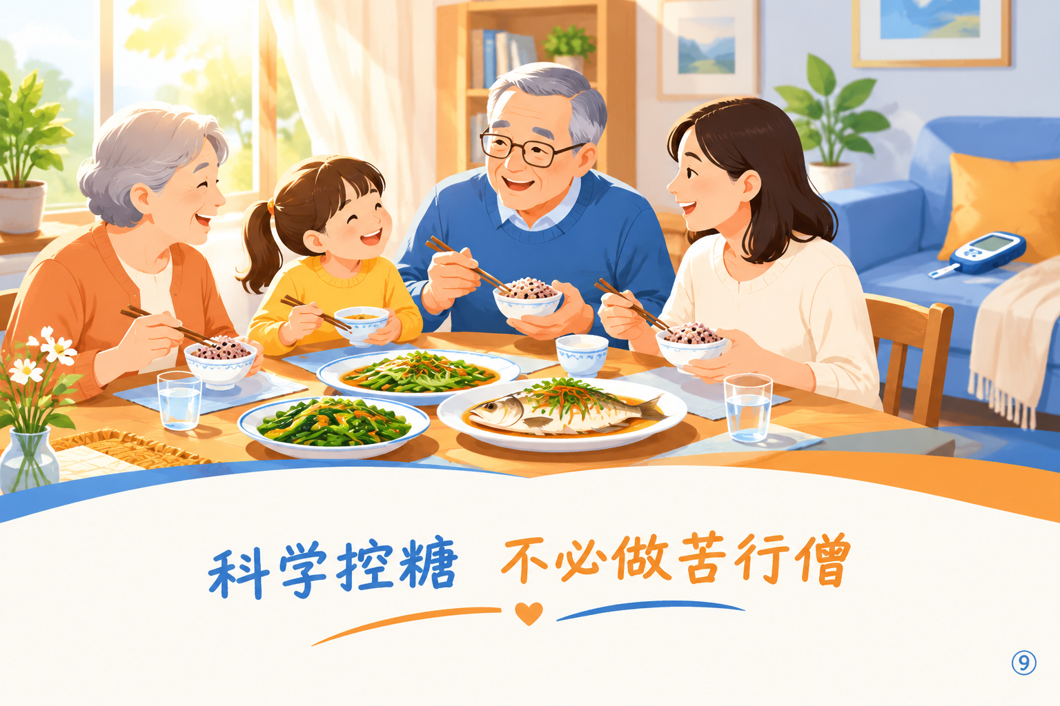 医学健康温馨收束插画，扁平矢量风格，蓝橙白主色调。画面：一家三… - 图片创意预览